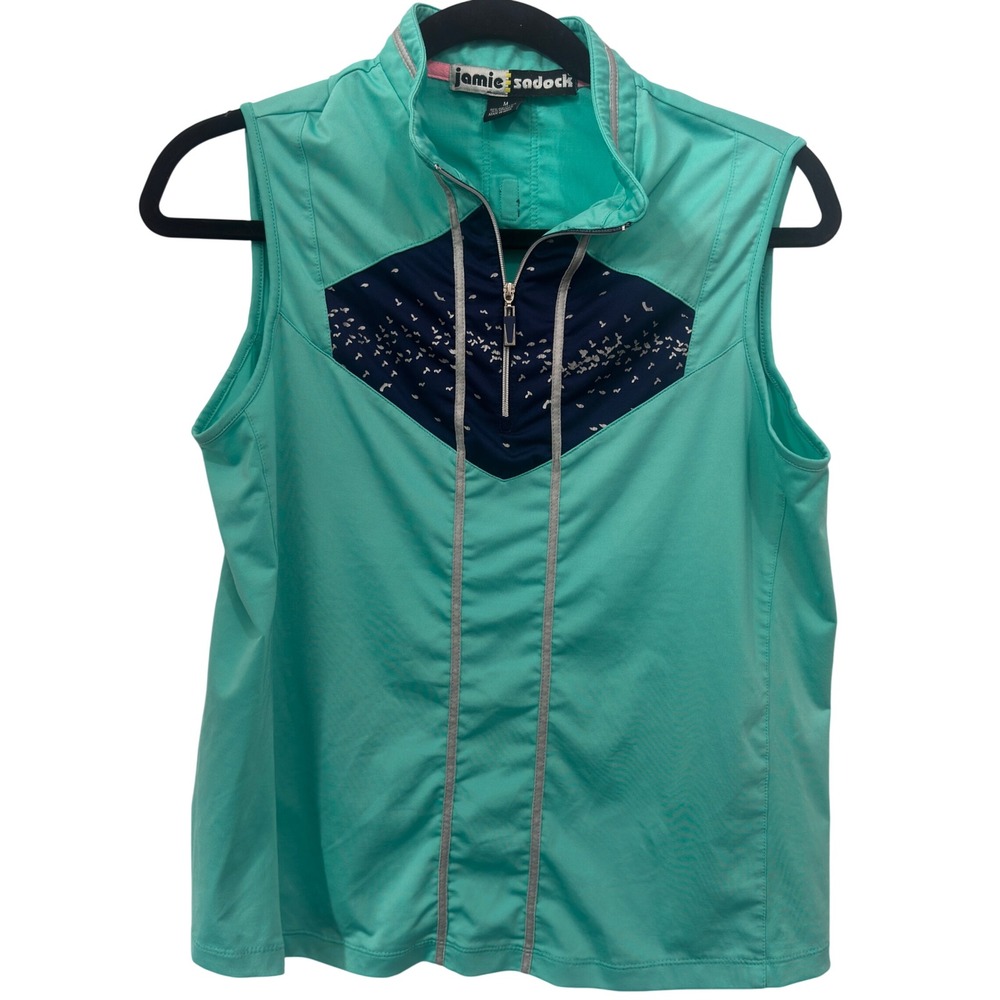 Jamie Sadock Golf Top Womens M Teal Navy Foil Sleeveless Quarter Zip Mock Neck